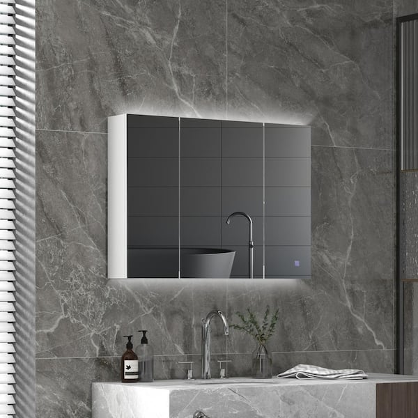 36 in. W x 26 in. H Rectangular Wood Lighted Medicine Cabinet with Mirror, Mirror Cabinet W/ Adjustable Shelf and 3 Door