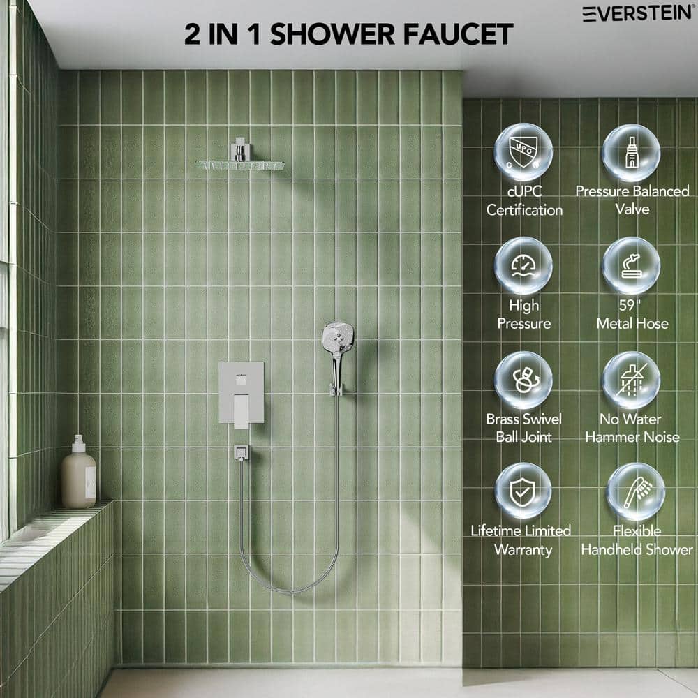 Chrome Square Wall Mounted Dual Shower System with Handheld