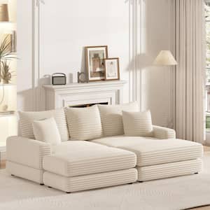 86 in. Comfy Square Arm Polyester Corduroy Modular Deep 3-Seater Sofa Couch with Back Pillows, Toss Pillows and Ottoman