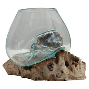 7.09 in . W x 6.69 in. H Clear and Natural Glass Decorative Pot on Wood Base
