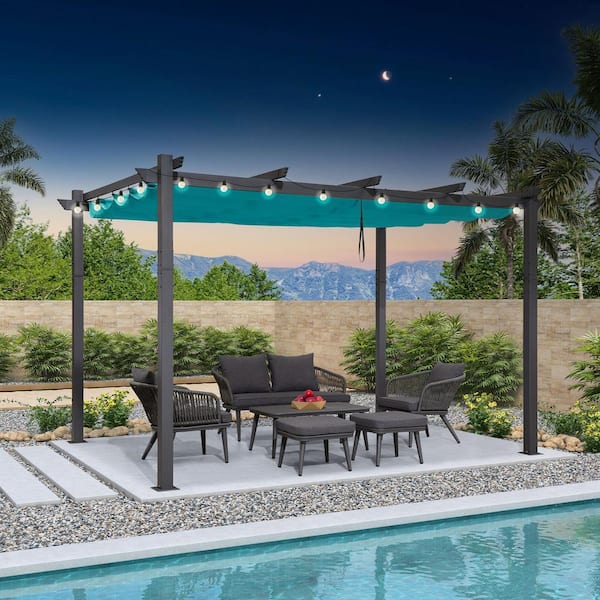 PURPLE LEAF 10 ft. x 13 ft. Gray Aluminum Frame Morden Pergola with Blue Retractable Sun Shade Canopy and String Lights for Garden