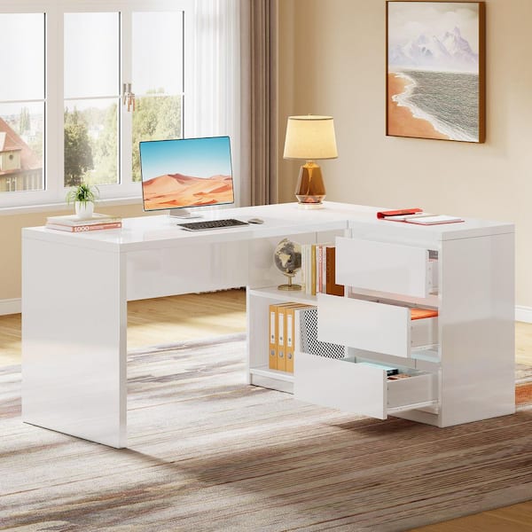 Halseey 55 in. L-Shaped White Wood 3-Drawer Computer Desk with Storage, 2 Shelves for Home and Office