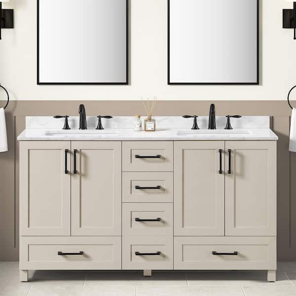 Tobana 60 in. Double Sink Beige Bath Vanity with White Engineered Marble Top (Assembled)