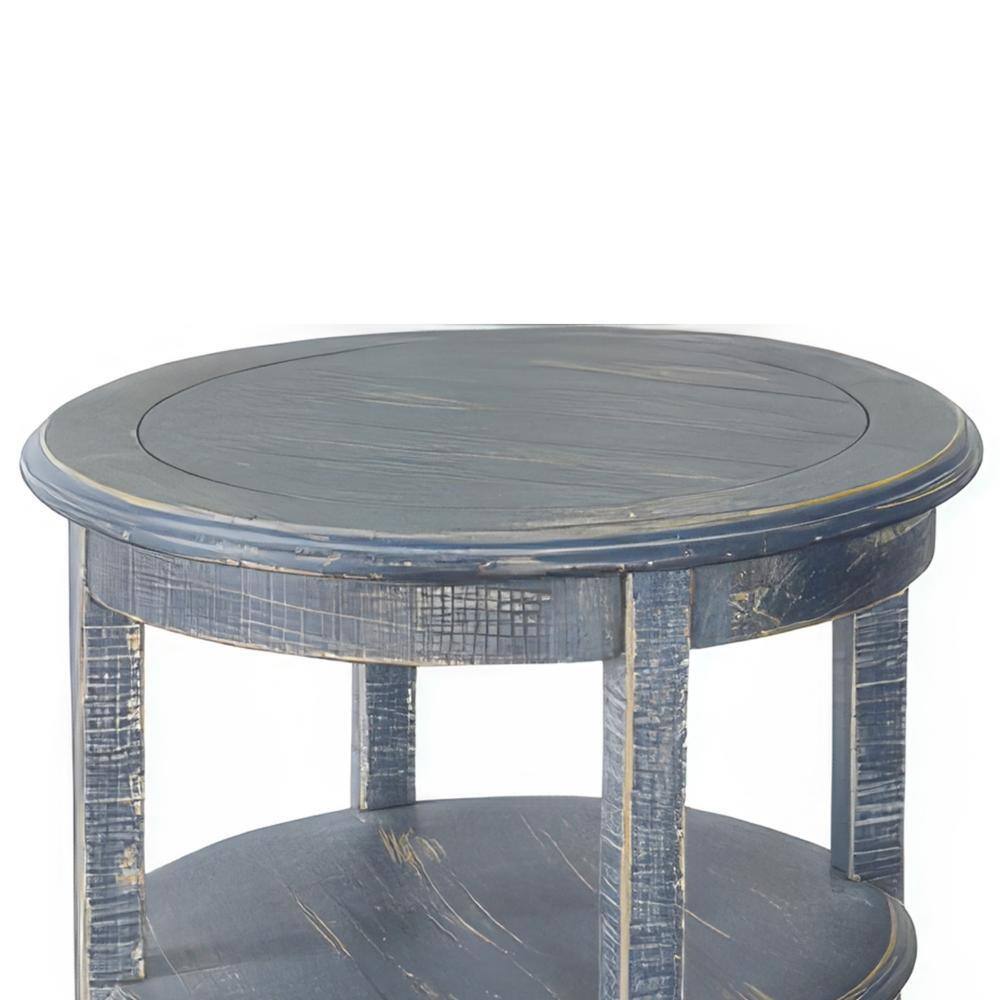 Distressed Blue Mahogany Round Side Table with Scalloped Trim