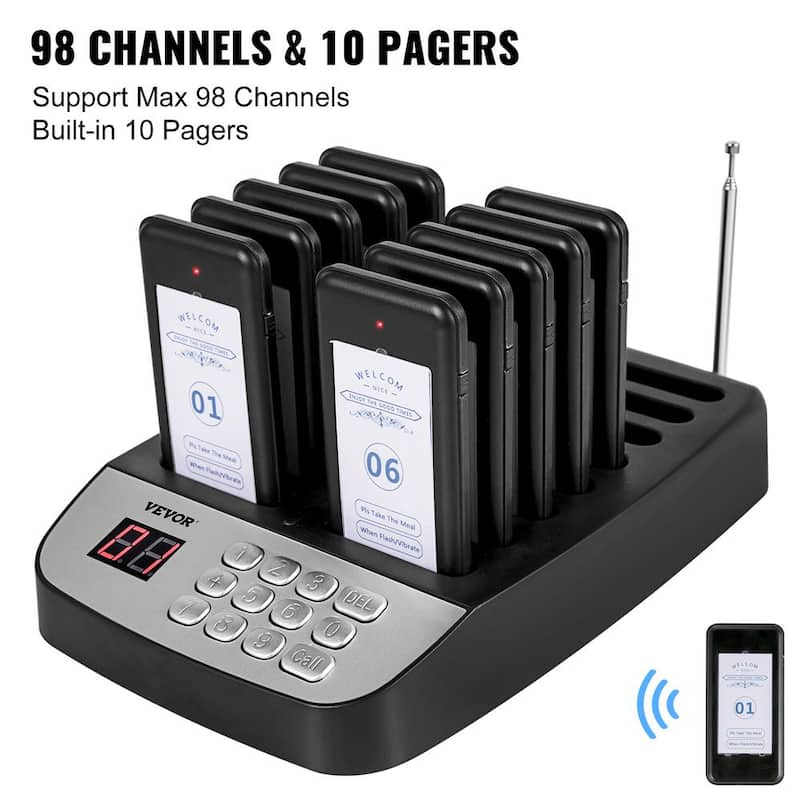 F100 Restaurant Pager System 10 Pagers Max 98 Beepers Wireless Calling System