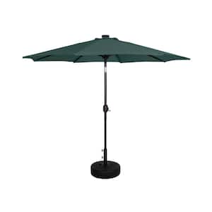 Marina 9 ft. Patio Solar LED Market Umbrella with Black Round Free Standing Base in Dark Green