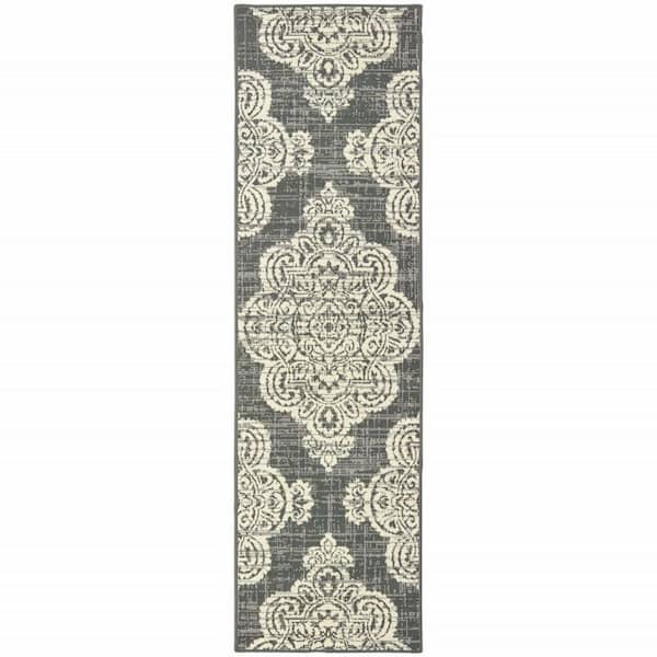 Gray, Ivory 2 ft. x 8 ft. Loomed Oriental Polypropylene Rectangle Indoor/Outdoor Area Rug