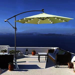 10 ft. Steel Cantilever Solar Patio Umbrella in Lime Green with 24 Solar LED Lights and Cross Base for Garden Lawn Pool