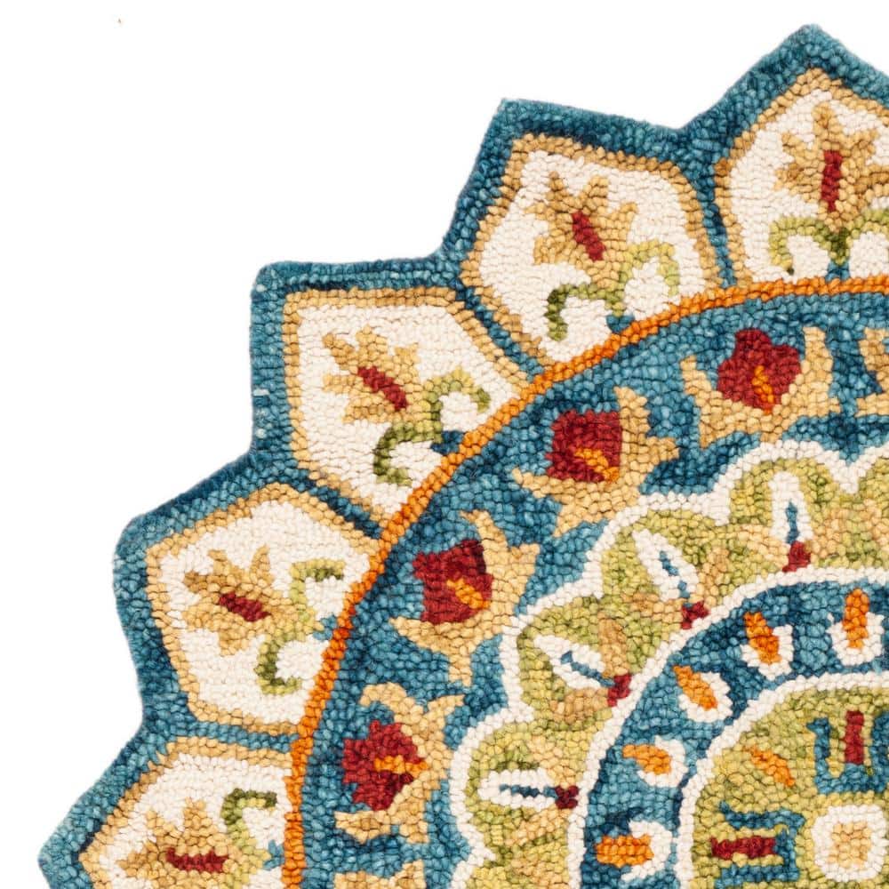 Handmade Tufted Round Blue and Ivory Floral Wool Rug