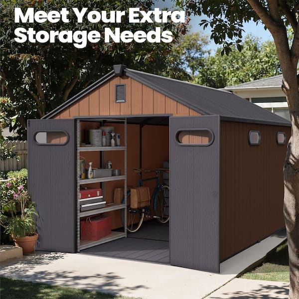 8 ft. x 12 ft. Resin Plastic Outdoor Garden Storage Shed w/ Floor (96 sq. ft.), Windows, Drainage and Air Vent in Brown