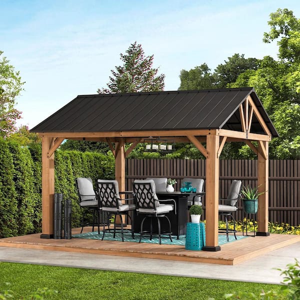Sunjoy Bellagio Outdoor Patio 11 ft. x 13 ft. Wooden Frame Gable Roof Backyard Hardtop Gazebo Pavilion with Ceiling Hook