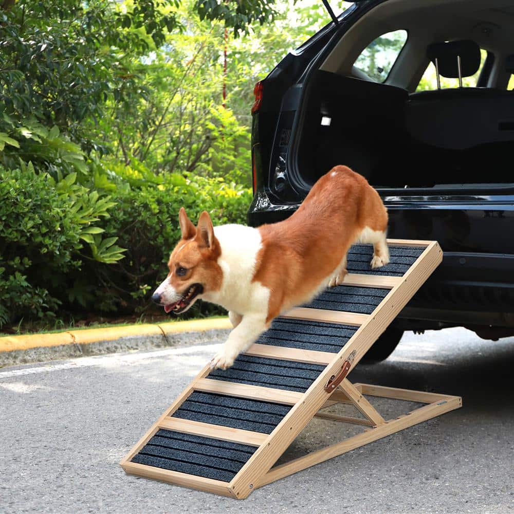 Adjustable Natural Pinewood Folding Pet Ramp with Gray Carpet
