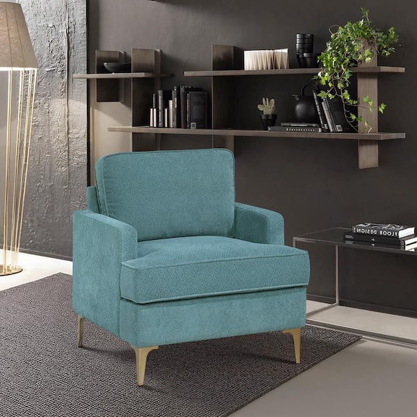Lowe Peacock Chenille Upholstery Metal Leg in Brush Gold Finish Accent Arm Chair