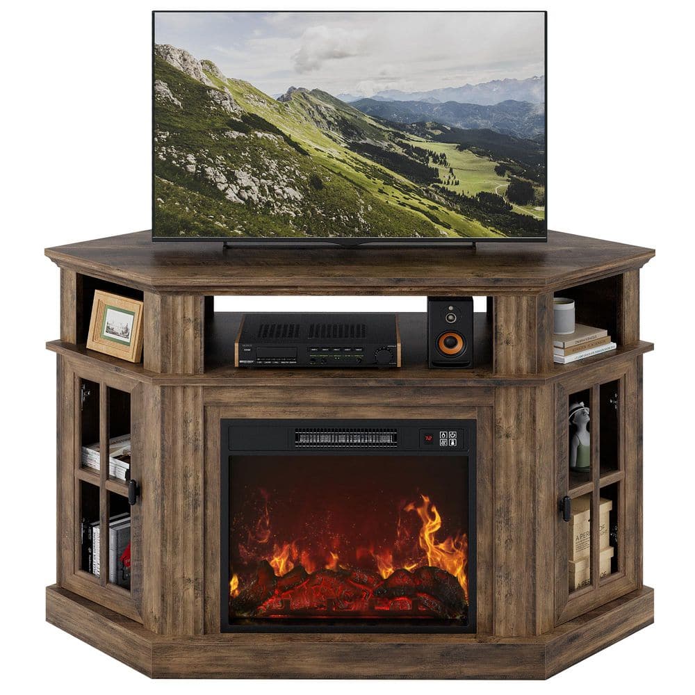 LACOO 47 in. Walnut Classic Corner TV Stand with Fireplace Fits
