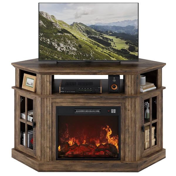 LACOO 47 in. Walnut Classic Corner TV Stand with Fireplace Fits TV's up to 55 in.