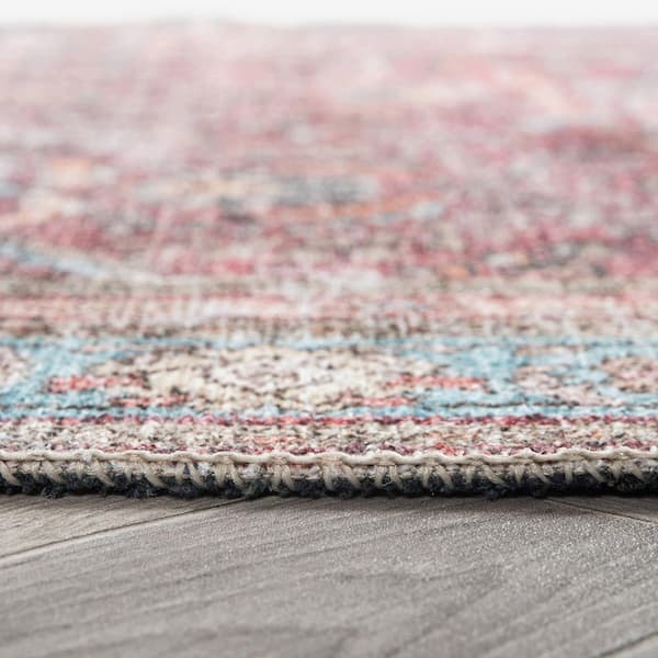 Distressed Vintage Bordered Machine Washable Multi 2 ft. 6 in. x 7 ft. Runner Rug