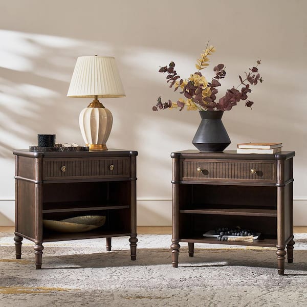 Roland Walnut 1-Drawer 26 in. W Nightstand with Built-In Charging Station Set of 2