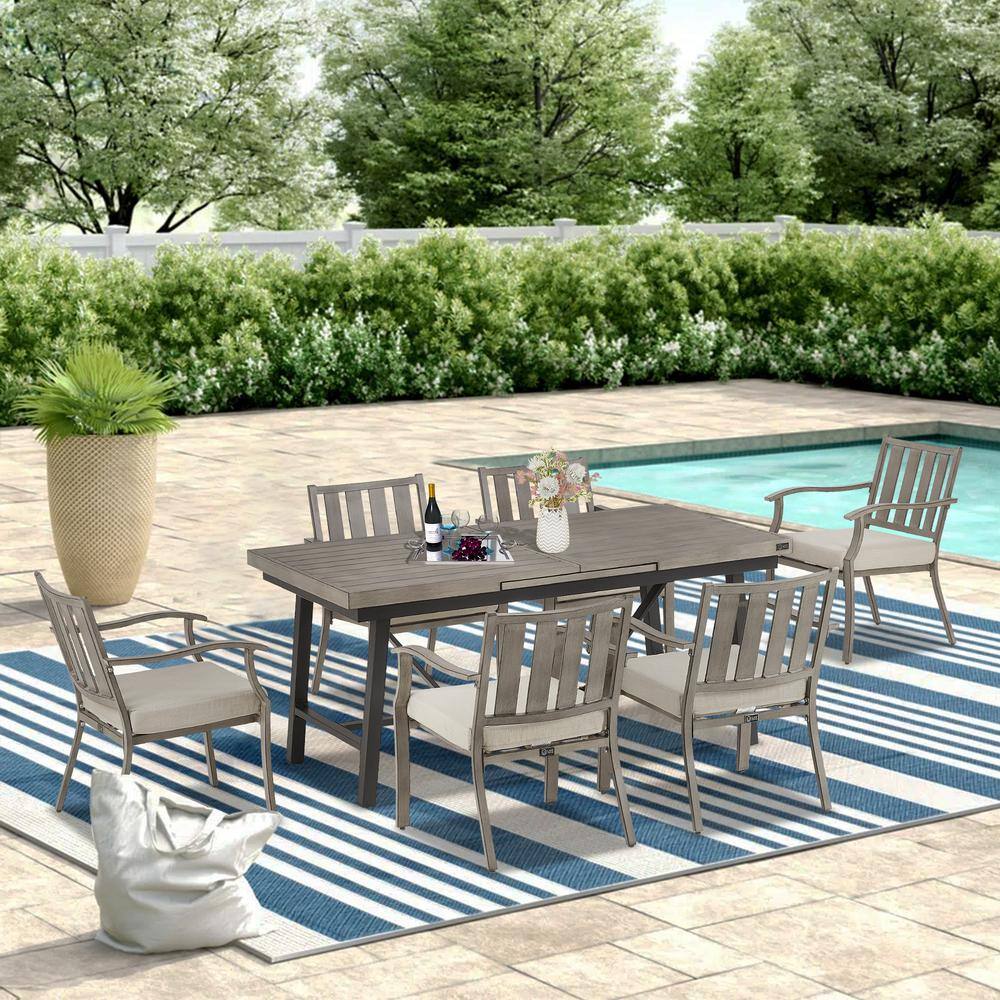 7-Piece Aluminum Outdoor Dining Set with Beige Sunbrella Cushions, Extendable Table, 6 Dining Chairs