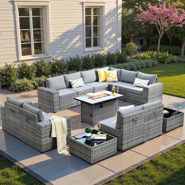 HOOOWOOO Tahoe Grey 13-Piece Wicker Wide Arm Outdoor Patio Conversation Sofa Set with a Fire Pit and Grey Cushions