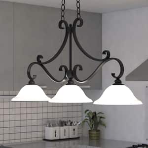 Monrovia 43.75-in Oil Rubbed Bronze 3-Light Linear Chandelier, Hanging Ceiling Island Pendant with White Glass