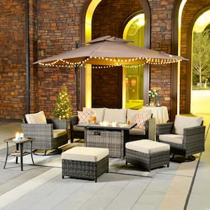 New Star Gray 7-Piece Wicker Patio Rectangle Fire Pit Conversation Set with Beige Cushions and Swivel Chairs