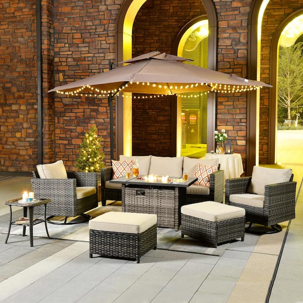 OVIOS New Star Gray 7-Piece Wicker Patio Rectangle Fire Pit Conversation Set with Beige Cushions and Swivel Chairs
