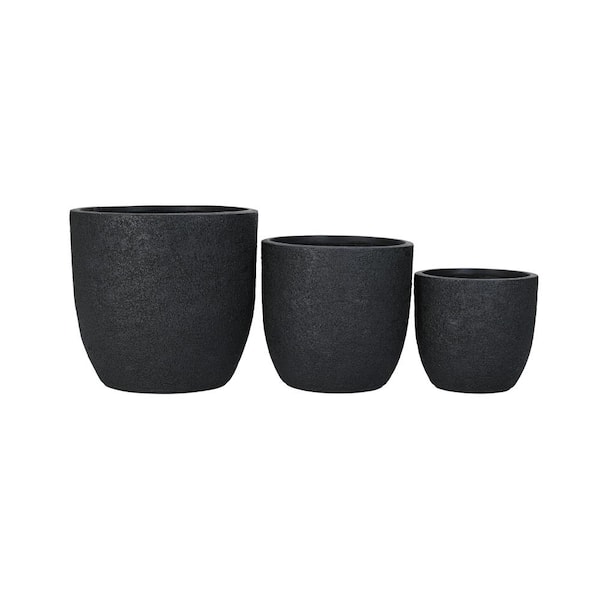 3-Piece Outdoor Black Round Concrete Stackable Planter with Drainage Holes and Rubber Plug for Garden, Patio