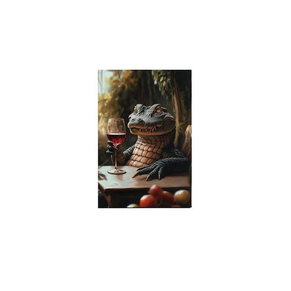 Animal Canvas Wall Art, A Crocodile Savoring Wine Picture Prints Gallery Wrapped Framed Canvas 28x40 Inch