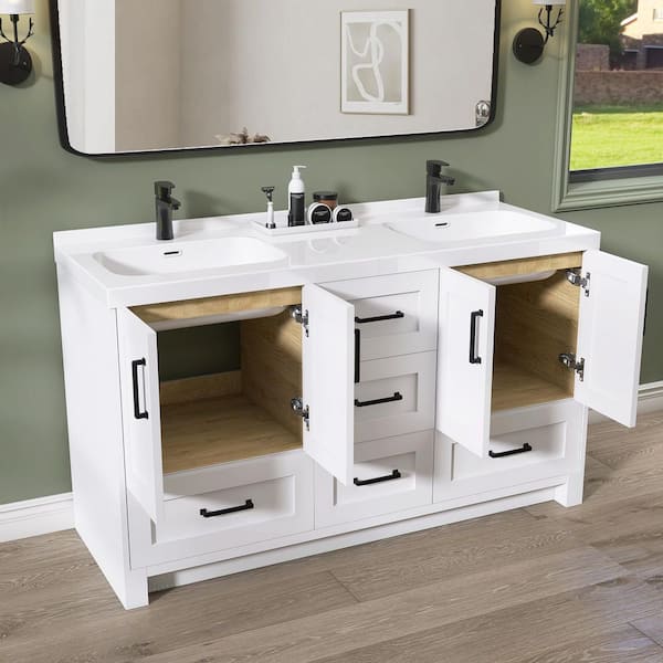 60 in. W x 22 in. D White Bath Vanity Double Basin Freestanding Solid Wood Bathroom Cabinet with White Solid Surface Top