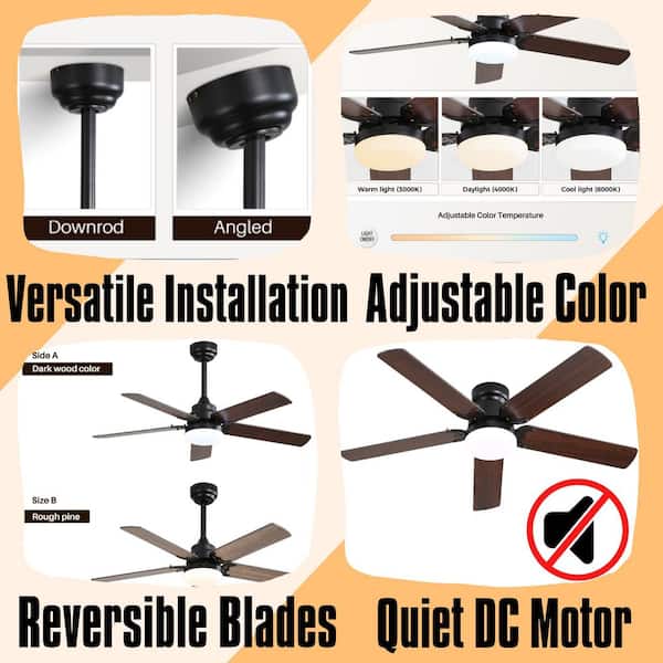 Low Profile 42 in. Ceiling Fan 5 Blades Noiseless Reversible Dc Motor Remote Control With Led Light