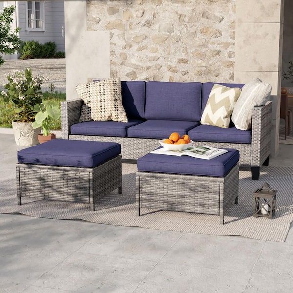 3-Seater Patio Gray Wicker Sofa set with Ottomans, Navy Blue Cushion