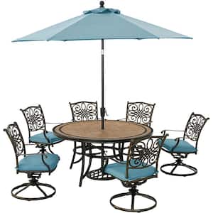 Monaco 7-Piece Aluminum Outdoor Dining Set with Blue Cushions, 6 Swivel Rockers, Tile-Top Table and 9 ft. Umbrella