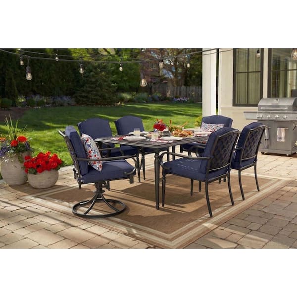 Laurel Oaks 7-Piece Dark Brown Steel Outdoor Patio Dining Set With CushionGuard Midnight Cushions