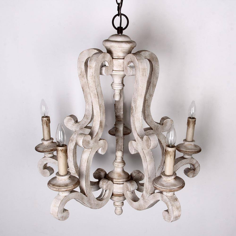 Distressed White 5-Light Wood Candle Chandelier