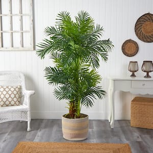6 ft. Green Hawaii Artificial Palm Tree in Handmade Natural Cotton Multicolored Woven Planter