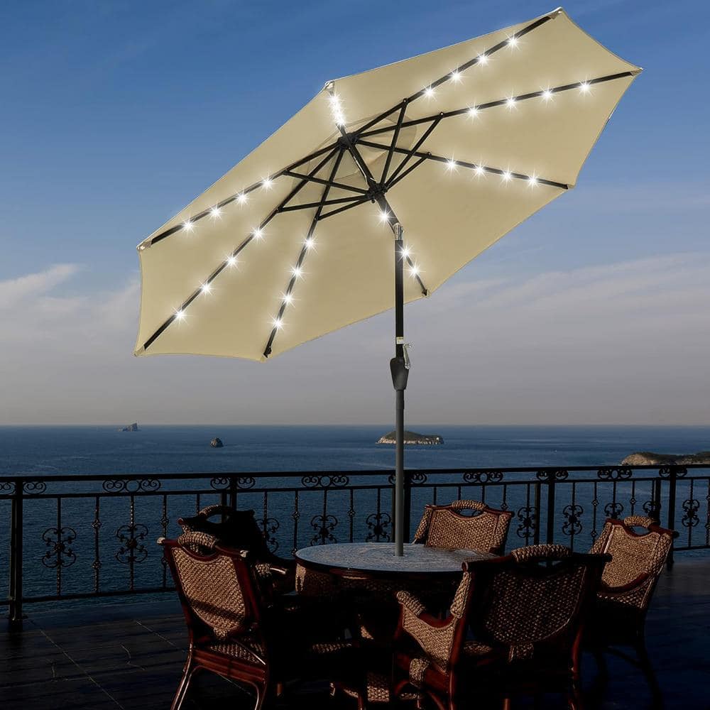 9 ft. Solar LED Outdoor Market Tilt Patio Umbrella, Beige