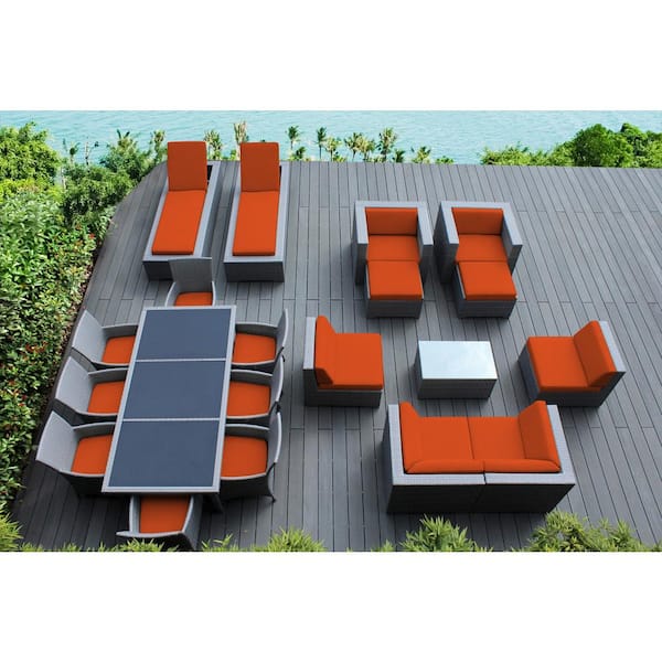 Ohana Depot Gray 20-Piece Wicker Patio Combo Conversation Set with Supercrylic Orange Cushions