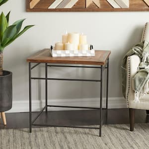 24 in. Black Large Square Wood End Accent Table with Brown Wood Top