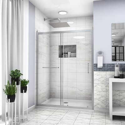 61 in. W x 72 in. H Single Sliding Semi-Frameless Shower Door/Enclosure in Brushed Nickel with Clear Glass