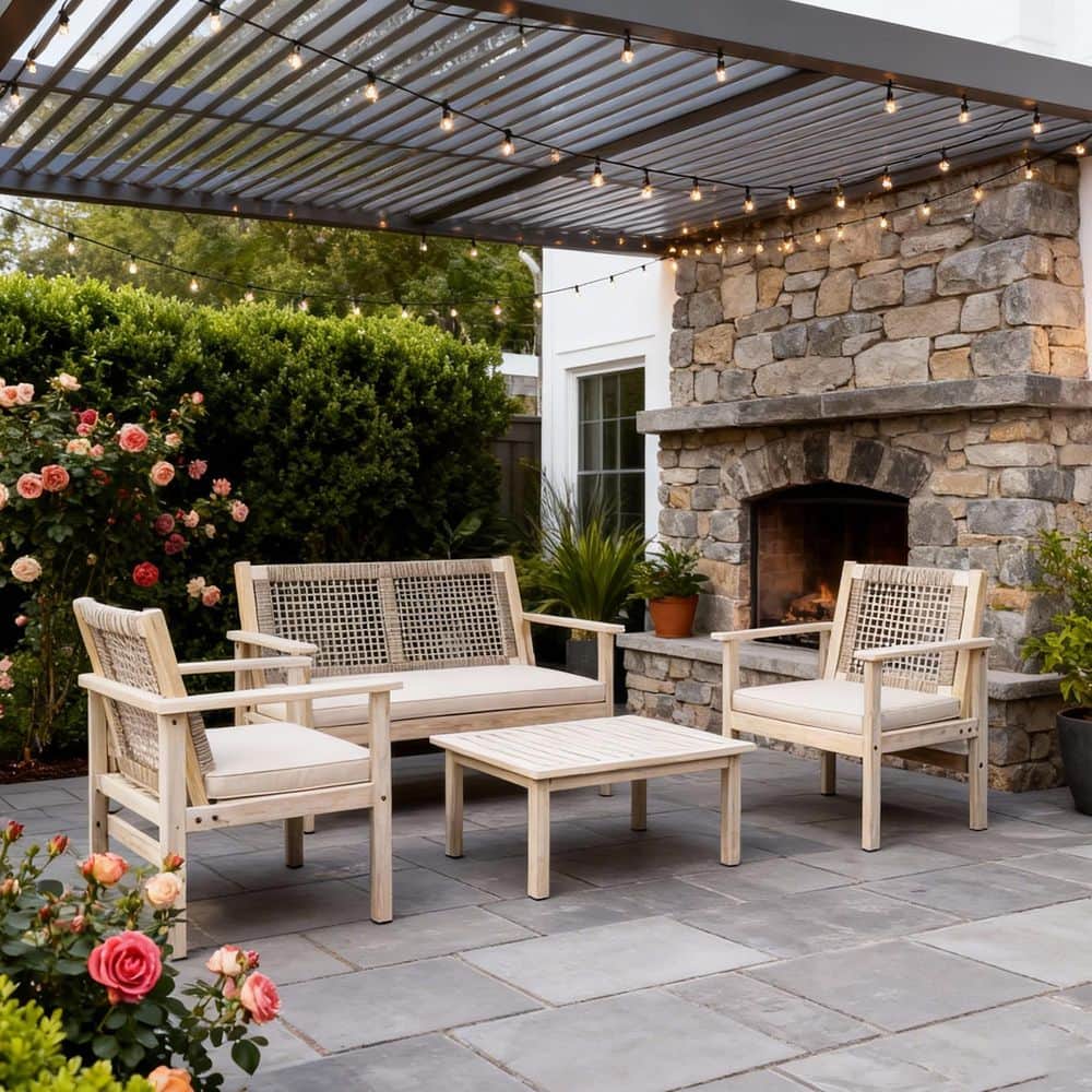 Data 4-Piece Acacia Wood Patio Conversation Chair Set with Beige Cushions price history on PriceWatchPro