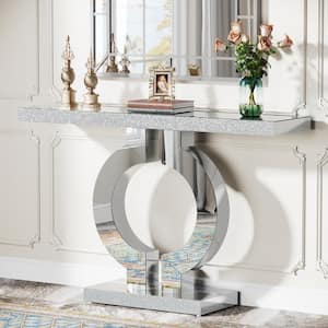 Turrella 43 in. Modern Silver Rectangle Glass Console Table with Mirror Finish, Modern Entryway Sofa Table