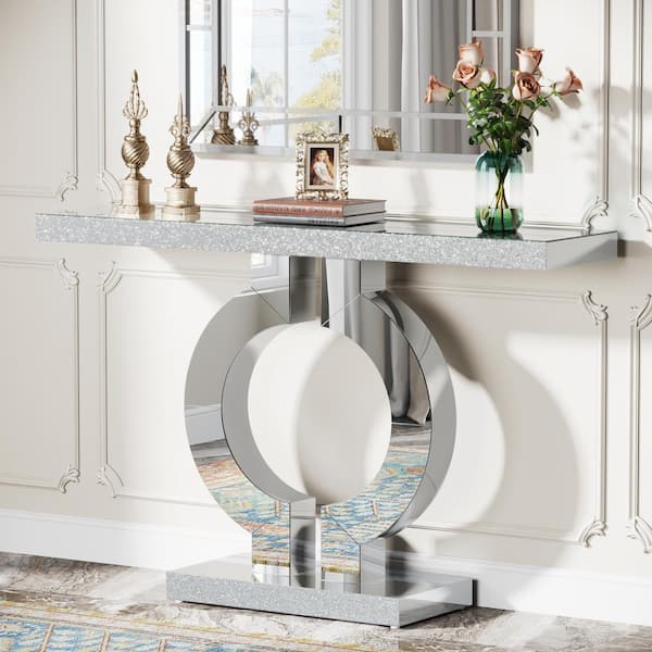 BYBLIGHT Turrella 43 in. Modern Silver Rectangle Glass Console Table with Mirror Finish, Modern Entryway Sofa Table