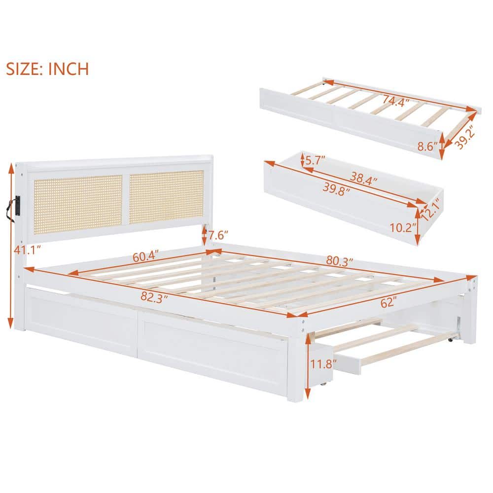 White Pine Queen Platform Bed with Rattan Headboard and Storage Drawers