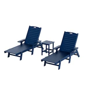 Harlo 3-Piece Navy Blue Fade Resistant HDPE Plastic Reclining Outdoor Patio Chaise Lounge Arm Chair and Table Set