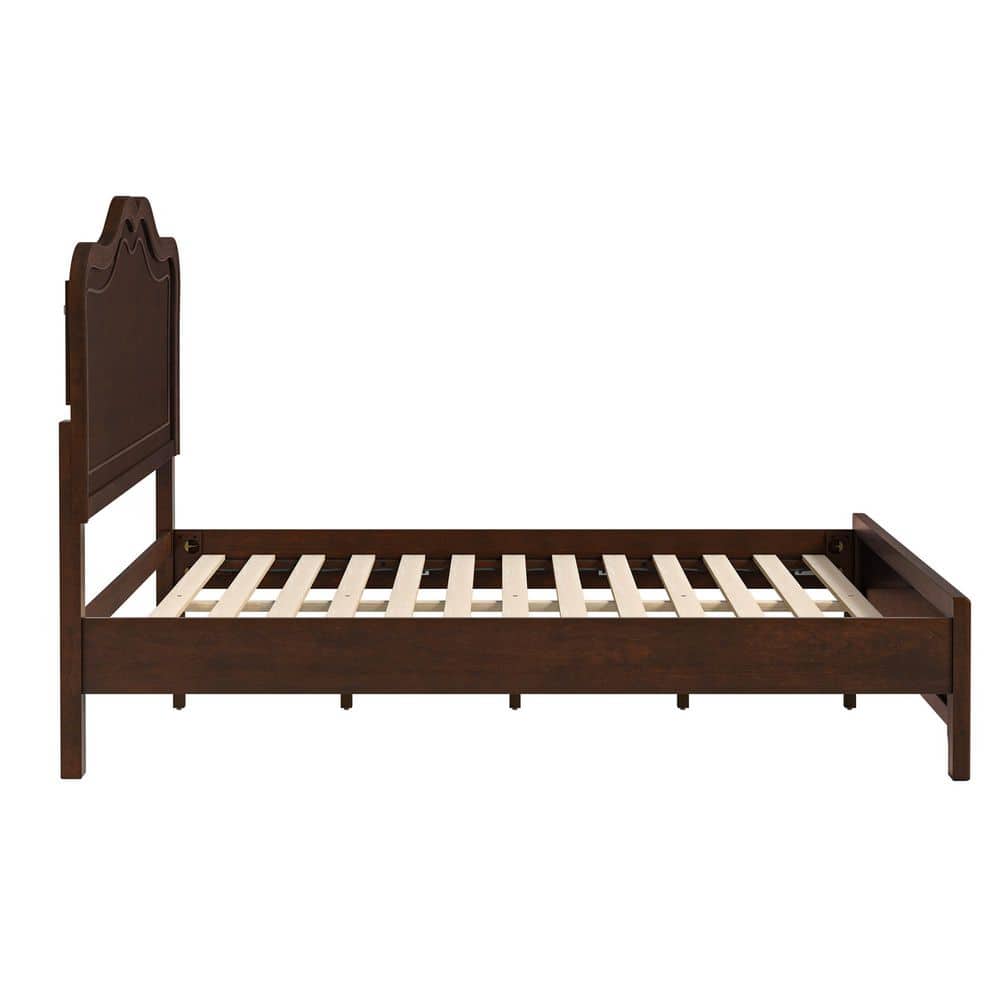Dark Walnut Brown Mid-Century Modern Solid Wood Bed Frame King Platform Bed with Wave Headboard - thumbnail 2
