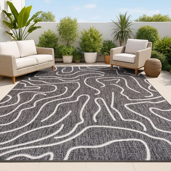 Nolan Modern Coastal Organic Shapes Black/Cream 8 ft. x 10 ft. Indoor/Outdoor Area Rug