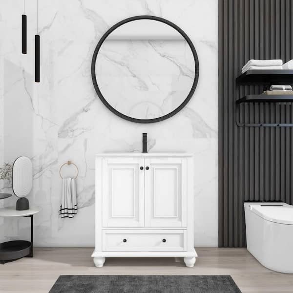 30 in. W. x 18.2 in. D x 34 in. H 1-Sink Freestanding Bath Vanity in White with White Ceramic Top and Drain Faucet Set