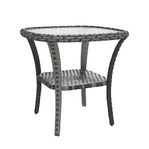 Gray Patio Metal Side Table with Storage Shelf and Glass Top