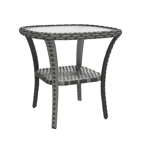 Sudzendf Gray Patio Metal Side Table with Storage Shelf and Glass Top