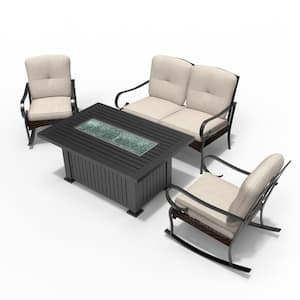 Grace Black 4-Piece Aluminum Patio Fire Pit Conversation Sofa Set with Beige Cushions